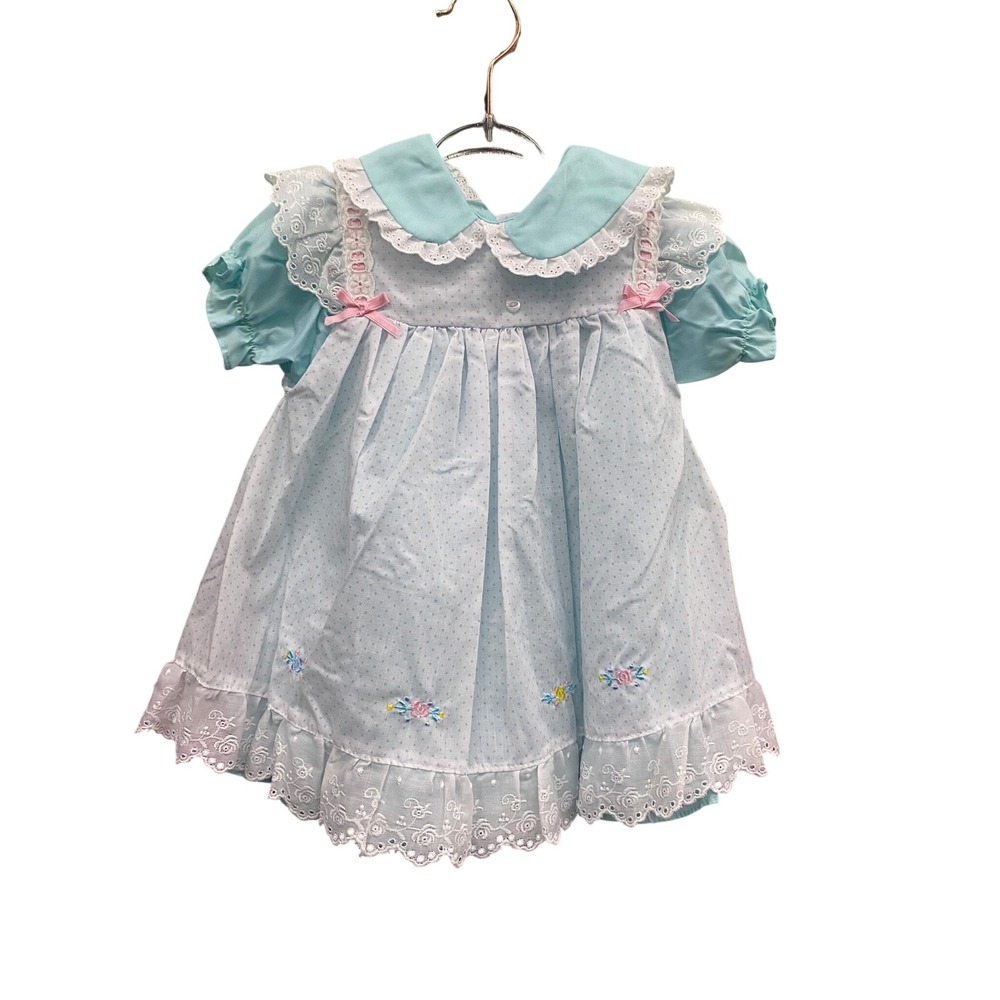 Vintage Mayfair Baby Girl Blue Polka Dot Lace Pinafore Dress 24 Months baby doll